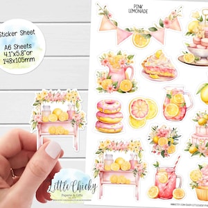 Foglio di adesivi - Adesivi per planner Pink Lemonade, adesivi acquerello, adesivi per album, adesivi per diario, adesivi per bambini, adesivi estivi