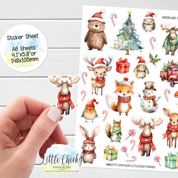 Sticker Bogen - Waldtiere Weihnachten Aufkleber, Planer Aufkleber, Scrapbook Aufkleber, Journal Aufkleber, Journal Aufkleber, Baby Aufkleber