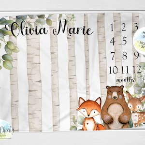 Woodland Animals Milestone Blanket, Monthly Photo Blanket, Personalized Milestone Blanket, Forest Animals Blanket, Baby Shower Gift