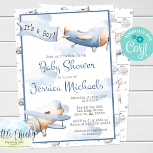 Editable Airplane Baby Shower Invitation, Boy Baby Shower Invitation, Vintage Airplane Invitation, Boy Baby Shower, Printable Template