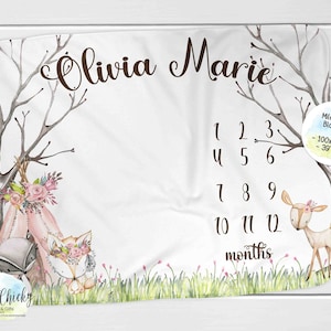 Woodland Animals Milestone Blanket, Monthly Photo Blanket, Personalized Milestone Blanket, Pink Woodland Animals Blanket, Baby Shower Gift