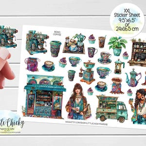 Foglio di adesivi XXL - Adesivi Boho Coffee, Adesivi per planner, Adesivi per diario, Adesivi per album, Adesivi per caffè, Adesivi per caffè colorati