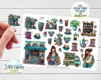 XXL-stickervel - Boho-koffiestickers, plannerstickers, dagboekstickers, plakboekstickers, koffiestickers, kleurrijke koffiestickers