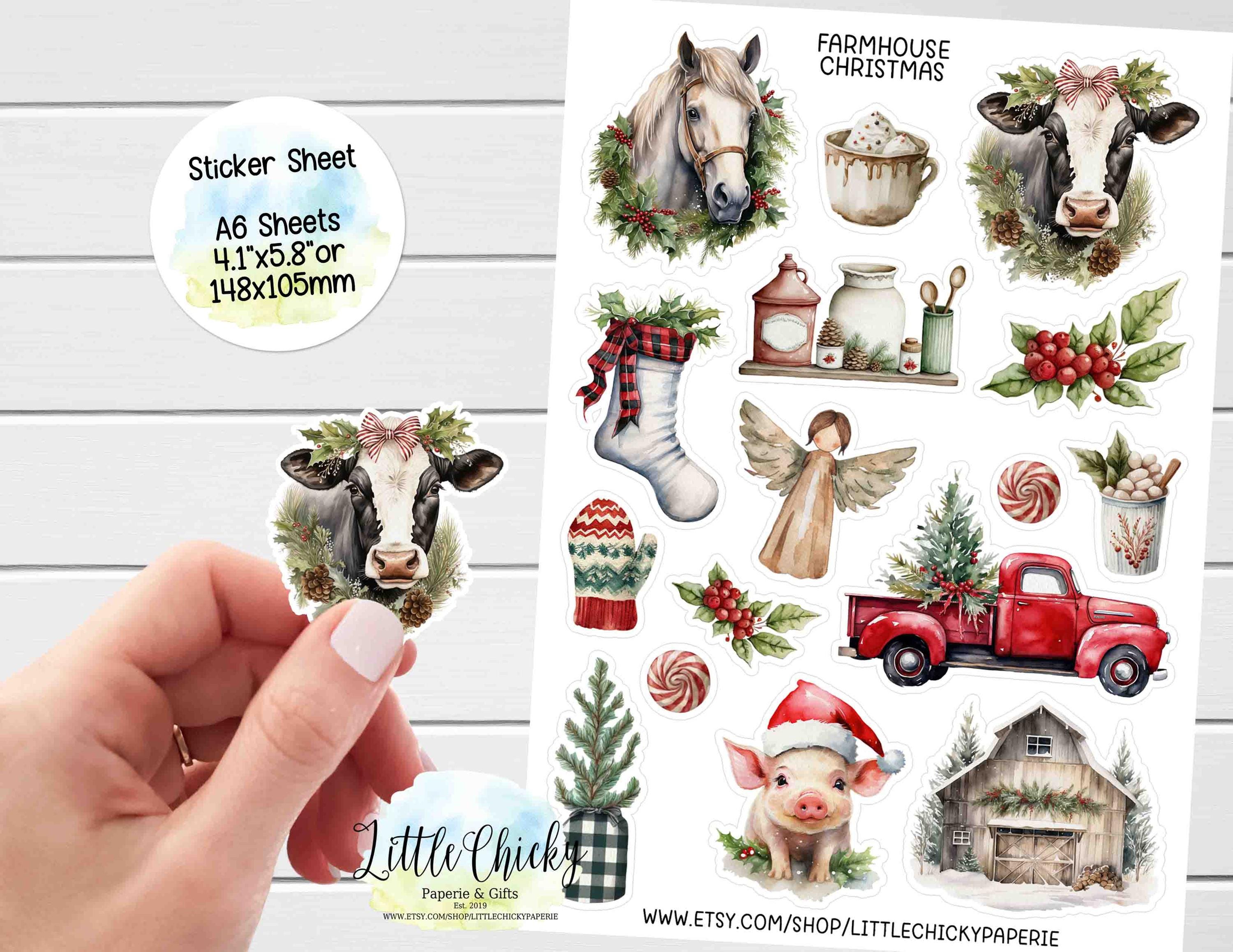 Sticker Sheet - Christmas Farmhouse Stickers, Planner Stickers, Scrapbook Stickers, Journal Stickers, Holiday Stickers, Farm Animals