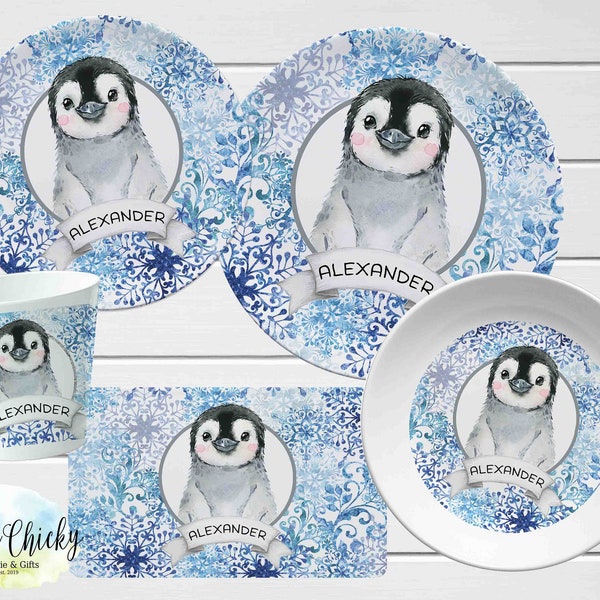 Personalized Children's Penguin Plate Set, KinderGeshirr set, Melamine Plate, Personalized Christmas Gift, Baptism Gift, Birthday Gift
