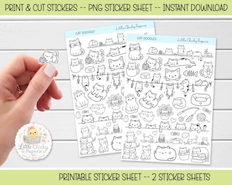 Printbare stickers - Leuke kattentekeningen, kattenstickers, print- en knipstickers, stickers voor dagboeken, scrapbookstickers (digitale download)
