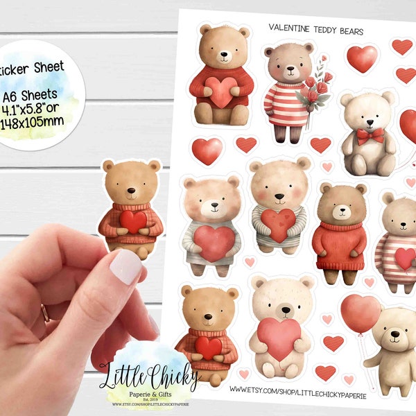 Aufkleber Bogen - Valentinstag Teddybär Aufkleber, Planer Aufkleber, Scrapbook Aufkleber, Journal Aufkleber, Journal Aufkleber, Baby Aufkleber