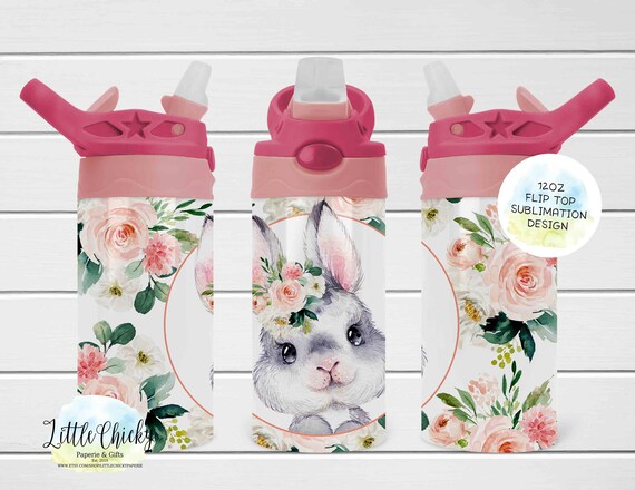 12oz Kids Flip Top Sippy Cup Sublimation Design, Floral Bunny, Easter Flip Top Kids Sublimation Design, Instant Download, Tumbler Template