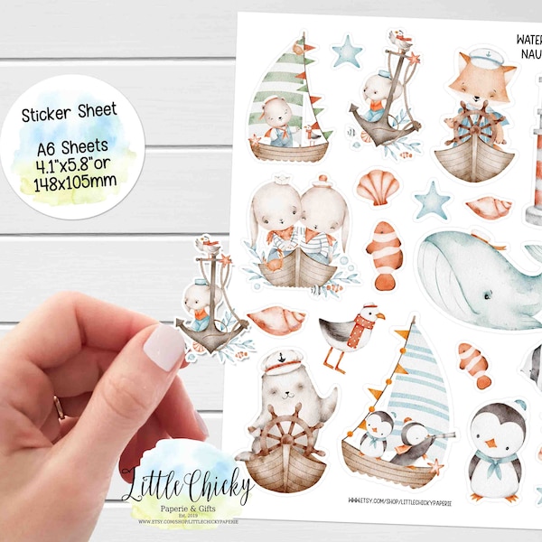 Sticker Sheet - Watercolor Nautical Stickers, Planner Stickers, Scrapbook Stickers, Journal Stickers, Journal Stickers, Baby Stickers