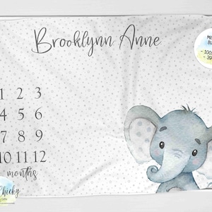 Elephant Milestone Blanket, Monthly Photo Blanket, Personalized Milestone Blanket, Baby Shower Blanket, Baby First Year Milestone Blanket