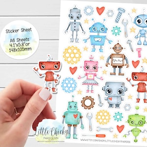 Hoja de pegatinas: pegatinas de robot, pegatinas para planificador, pegatinas para álbumes de recortes, pegatinas para diarios, pegatinas para diarios, pegatinas para bebés