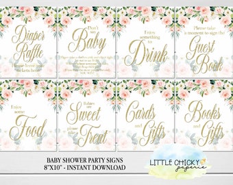 Blush & Gold Swan Baby Shower Party Signs, Baby Shower Decorations, Blush Floral Party Signs, Girl Baby Shower, Instant Download