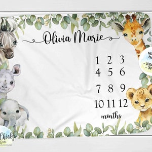 Manta de hitos de animales de safari, manta con foto mensual, manta de hitos personalizada, manta de animales de safari, regalo de baby shower