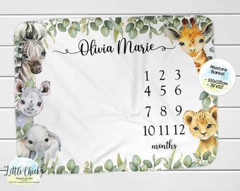 Safari-Tier-Meilenstein-Decke, monatliche Foto-Decke, personalisierte Meilenstein-Decke, Safari-Tier-Decke, Babypartygeschenk