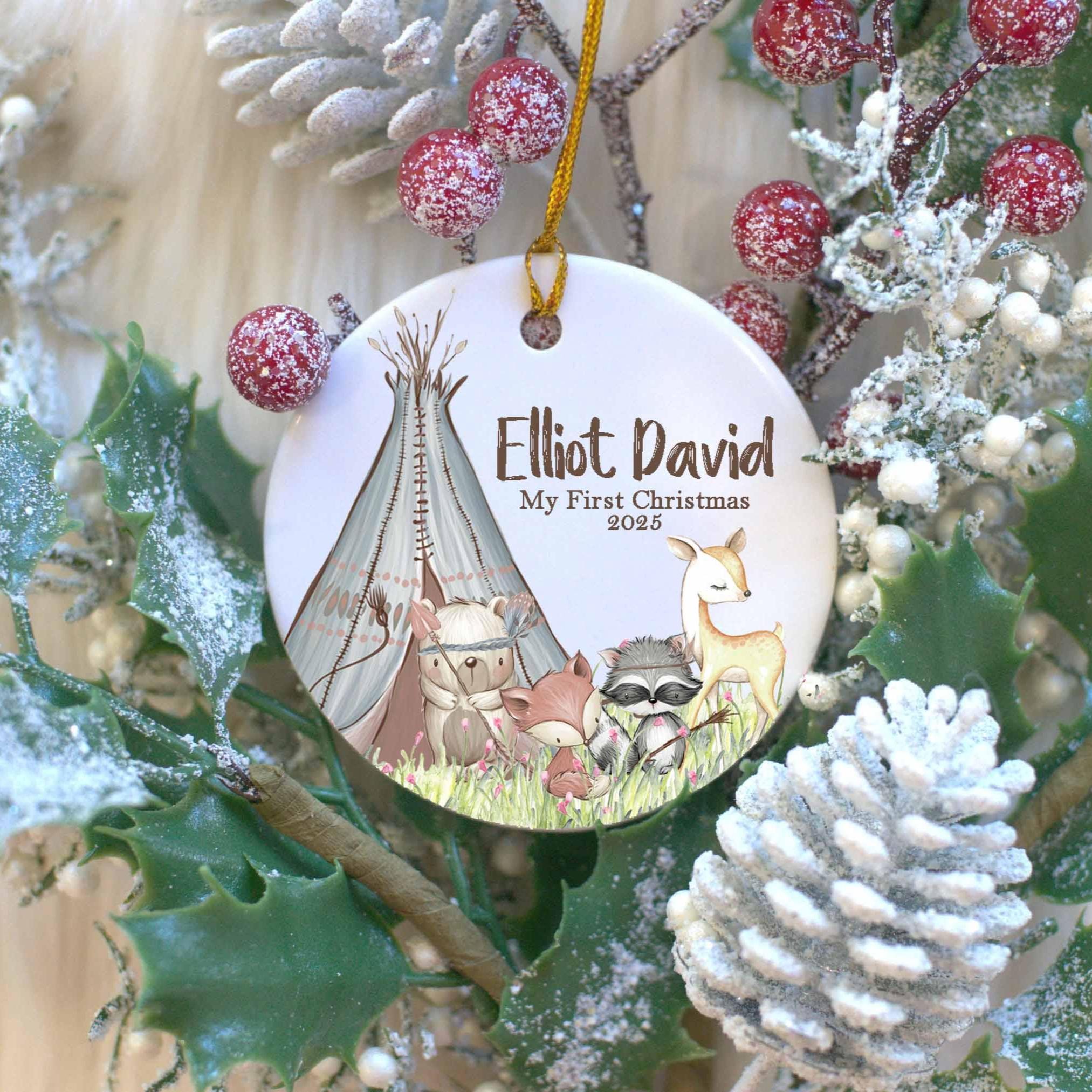 Personalized Ceramic Christmas Ornament, Woodland Christmas
