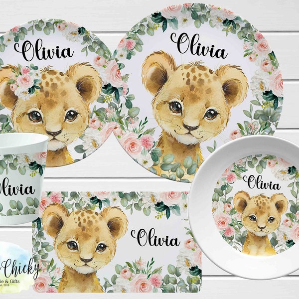 Pink Floral Lion Children's Plate set, Jungle Animals Personalized Plate, Cup, Melamine Plate, Birthday Gift, First Birthday, Baby Gift