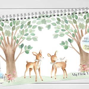 Aquarell Hirsch Baby Erinnerungskalender erste Jahr, Kalender Meilenstein Aufkleber, BLANK Kalender, Gender Neutral, neues Baby Geschenk
