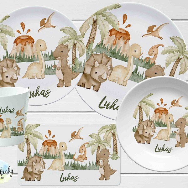 Dinosaur Plate set, Boho Dinosaur Children's Personalized Plate, Cup, Melamine Plate, Birthday Gift, First Birthday, Baptism Gift