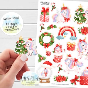 Stickervel - kerststickers eenhoorn, eenhoorns, plannerstickers, plakboekstickers, stickers, dagboekstickers, babystickers
