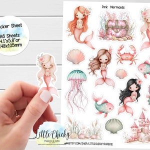 Feuille d'autocollants - sirènes roses, autocollants pour agenda, autocollants de scrapbooking, autocollants sirènes, autocollants pour journaux intimes, autocollants bébé