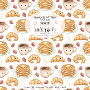 Puede incluir: Un patrón sin costuras con ilustraciones de acuarela de artículos de desayuno. El diseño incluye panqueques con mantequilla, cruasanes, tazas de café y fresas. El patrón mide 30,48 cm x 30,48 cm e incluye el texto "Little Chicky".