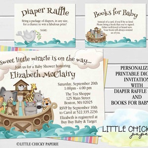 Noah&#39;s Ark Baby Shower Invitation Set with diaper raffle and books for baby cards