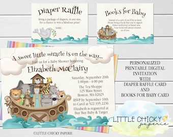 Noahs Ark babyshower-inbjudningsset med blöjlotteri och böcker för babykort