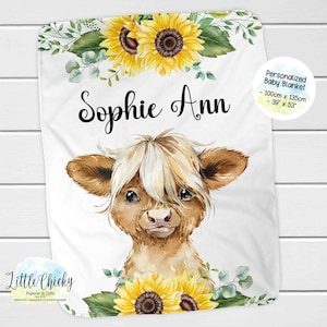 Personalized Sunflower Highland Cow Baby Blanket, Highland Cow Blanket, Cow Nursery, Cow Crib Bedding, Baby Shower Gift, Baptism Gift