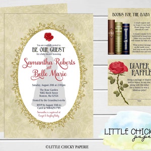 Beauty and the Beast Baby Shower Invitation Bundle, Princess Belle Baby Shower Set, Diaper Raffle Card, Book Request, Digital Invitation