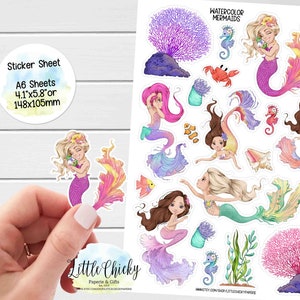 Feuille d'autocollants - Stickers aquarelle sirène, autocollants pour agenda, autocollants de scrapbooking, autocollants sirène, autocollants pour journaux intimes, autocollants bébé