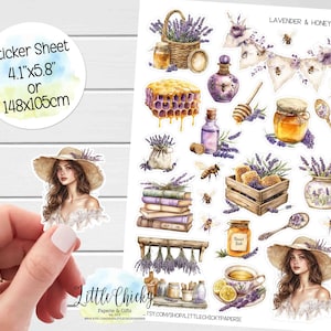 Feuille d'autocollants - Stickers lavande et miel, autocollants pour agenda, autocollants de scrapbooking, autocollants de carnet de notes, autocollants de printemps, autocollants fleurs et abeilles