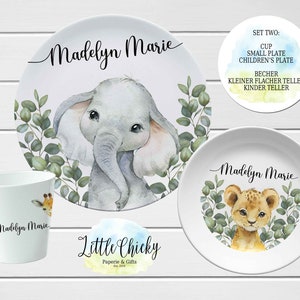 Safari Animals Children's Plate set, Jungle Animals Personalized Plate, Cup, Melamine Plate, Birthday Gift, First Birthday, Baby Gift Set TWO