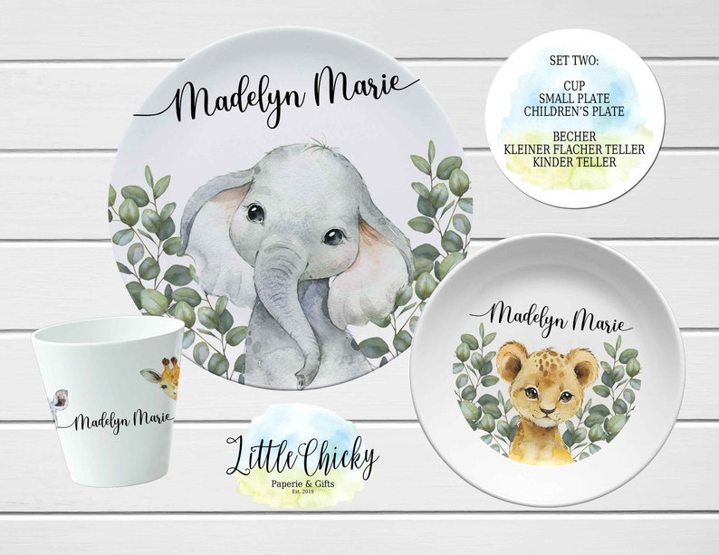 Safari Animals Children's Plate set, Jungle Animals Personalized Plate, Cup, Melamine Plate, Birthday Gift, First Birthday, Baby Gift Set TWO