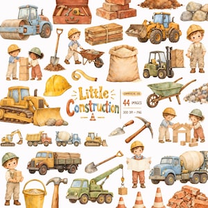 May include: A collection of watercolour construction-themed illustrations featuring children in hard hats, yellow bulldozers, dump trucks, cement mixers, cranes, forklifts, shovels, hammers, bricks, lumber, traffic cones, and a bag of sand with text Little Construction.