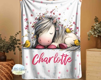 Personalized Blanket - Sweet Sleeping Pony Blanket, Soft Minky Blanket, Cute Kids Blanket, Pony Minky Blanket, Blanket With Name