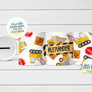 Construction Vehicles Money Box,  Coin Bank Full Wrap Sublimation PNG File, Instant Download, Sublimation Bank Template, Sublimation PNG