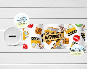 Construction Vehicles Money Box,  Coin Bank Full Wrap Sublimation PNG File, Instant Download, Sublimation Bank Template, Sublimation PNG