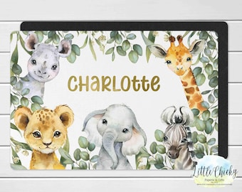 パーソナライズされた子供用プレースマット - サファリプレースマット、カスタムサファリ動物プレースマット、幼児向けギフト、再利用可能なBPAフリーテーブルマット、子供へのギフト