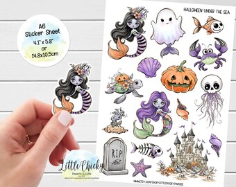 Sticker Sheet - Halloween Under the Sea Stickers, Halloween Planner Stickers, Scrapbook Stickers, Journal Stickers, Mermaid Stickers