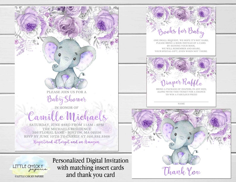 Purple Elephant Baby Shower Invitation Set With Thank You Etsy