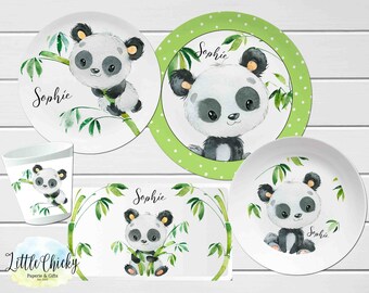 Ensemble d’assiettes pour enfants Panda, assiette personnalisée Panda, tasse, assiette en mélamine, cadeau d’anniversaire, premier anniversaire, cadeau de bébé, cadeau de panda