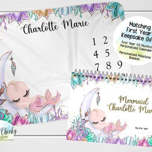 Mermaid First Year Keepsake Gift Set, Baby Mermaid First Year Calendar Baby Book, Mermaid Milestone Blanket, Baby Shower Gift, New Baby Gift
