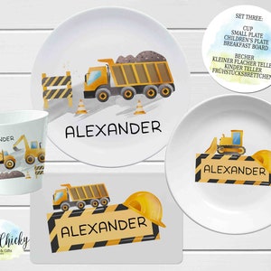 Construction Vehicles Children's Plate set, Personalized Plate, Cup, Melamine Plate, Baptism Gift, Birthday Gift, First Birthday, Baby Gift Set THREE