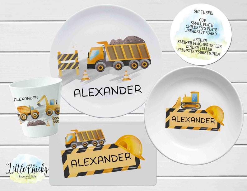 Construction Vehicles Children's Plate set, Personalized Plate, Cup, Melamine Plate, Baptism Gift, Birthday Gift, First Birthday, Baby Gift Set THREE