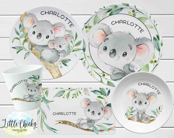 Koala Kinderteller Set, Aquarell Koala personalisierte Teller, Tasse, Melamin Teller, Geburtstagsgeschenk, erster Geburtstag, Baby Geschenk, Junge, Mädchen