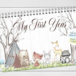 Woodland Animals Baby-Erinnerungskalender für das erste Jahr, Kalender für das erste Jahr mit Meilenstein-Aufklebern, BLANK-Kalender, Baby-Geschenk, Babypartygeschenk