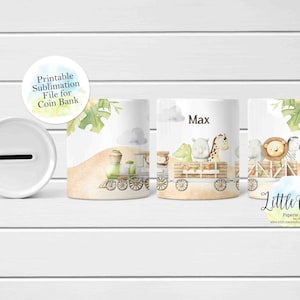 May include: Printable sublimation file for a coin bank featuring a green train with animals on board. The train is on a brown track with a light brown background. The text "Max" is on the front of the coin bank.