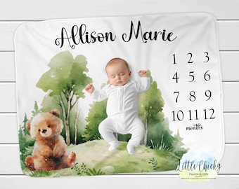Mijlpaaldeken beer, maandelijkse fotodeken, gepersonaliseerde mijlpaaldeken, bosdieren, deken, babyshowercadeau, cadeau nieuwe baby