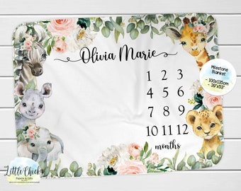 Monatliche Foto Decke, Rosa Meilenstein Decke, Safari Tiere Decke, Monatliche Decke, Meilenstein Decke, Safari Tiere Decke, Baby Geschenk