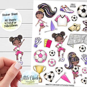 Aufkleber Bogen - Afroamerikanische Mädchen Fußball Planer Aufkleber, Scrapbook Aufkleber, Aufkleber, Journal Aufkleber, Mädchen Fußball Aufkleber